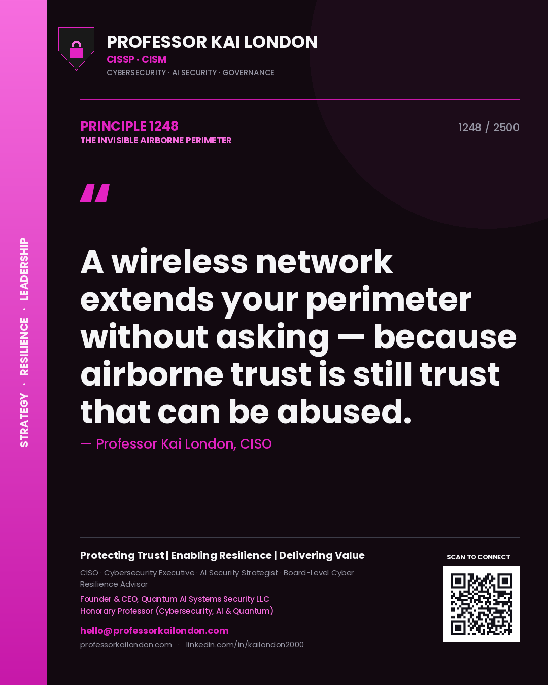 Professor Kai London principle 1248: A wireless network extends your perimeter without asking — because airborne trust is still trust that can be abused.