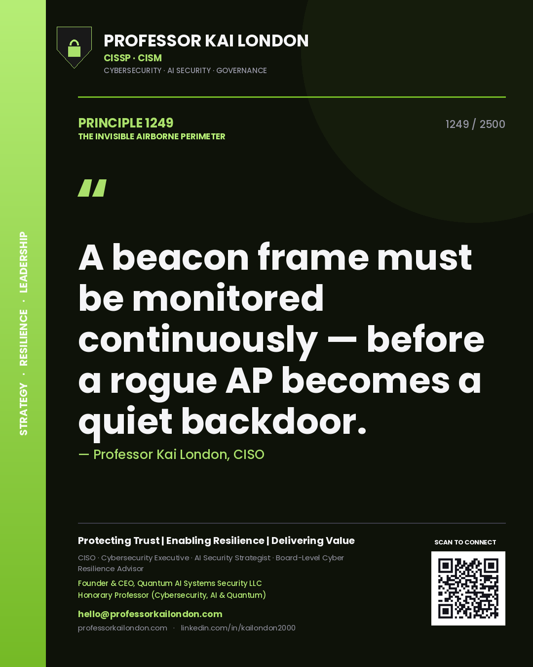 Professor Kai London principle 1249: A beacon frame must be monitored continuously — before a rogue AP becomes a quiet backdoor.