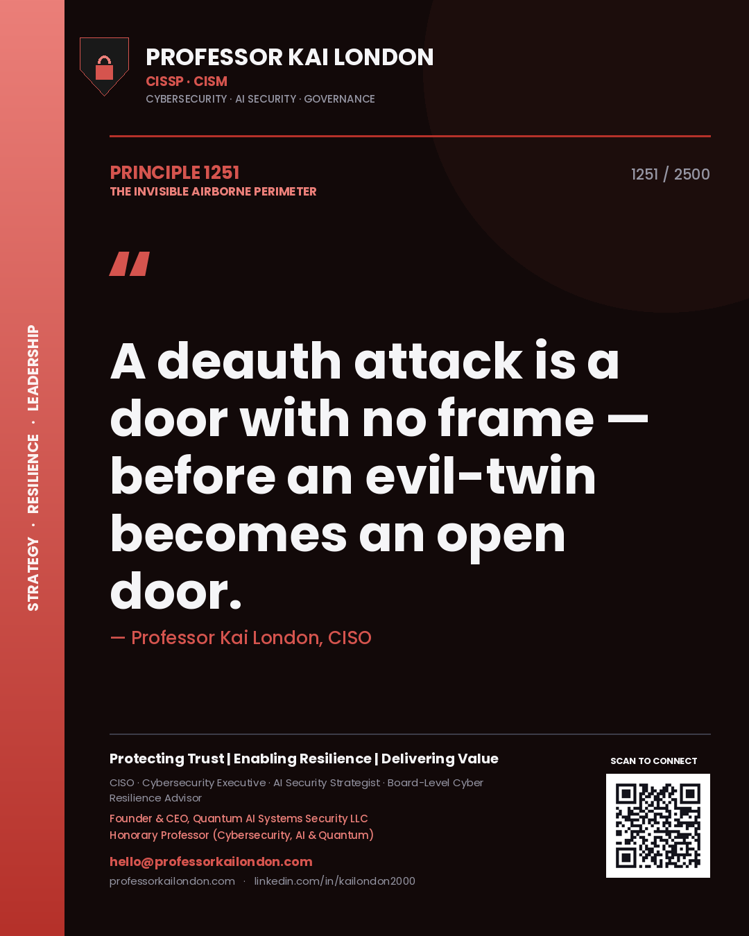 Quote card by Professor Kai London reading 'A deauth attack is a door with no frame — before an evil-twin becomes an open door.'. From the book The Invisible Airborne Perimeter.