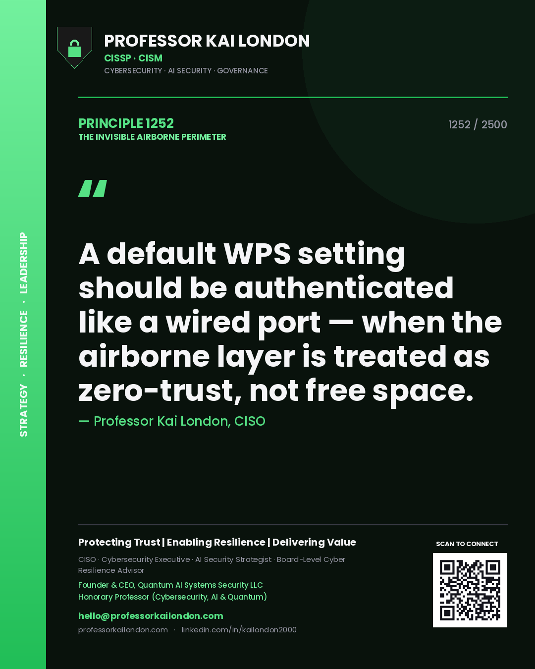 Professor Kai London principle 1252: A default WPS setting should be authenticated like a wired port — when the airborne layer is treated as zero-trust, not free space.
