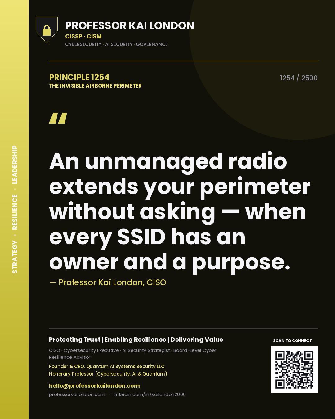 Quote card by Professor Kai London reading 'An unmanaged radio extends your perimeter without asking — when every SSID has an owner and a purpose.'. From the book The Invisible Airborne Perimeter.