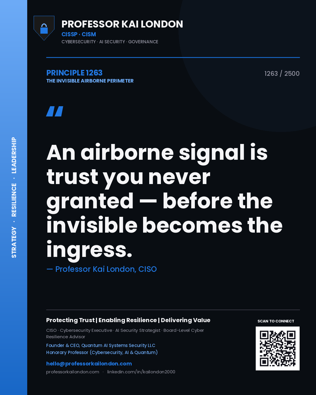Quote card by Professor Kai London reading 'An airborne signal is trust you never granted — before the invisible becomes the ingress.'. From the book The Invisible Airborne Perimeter.