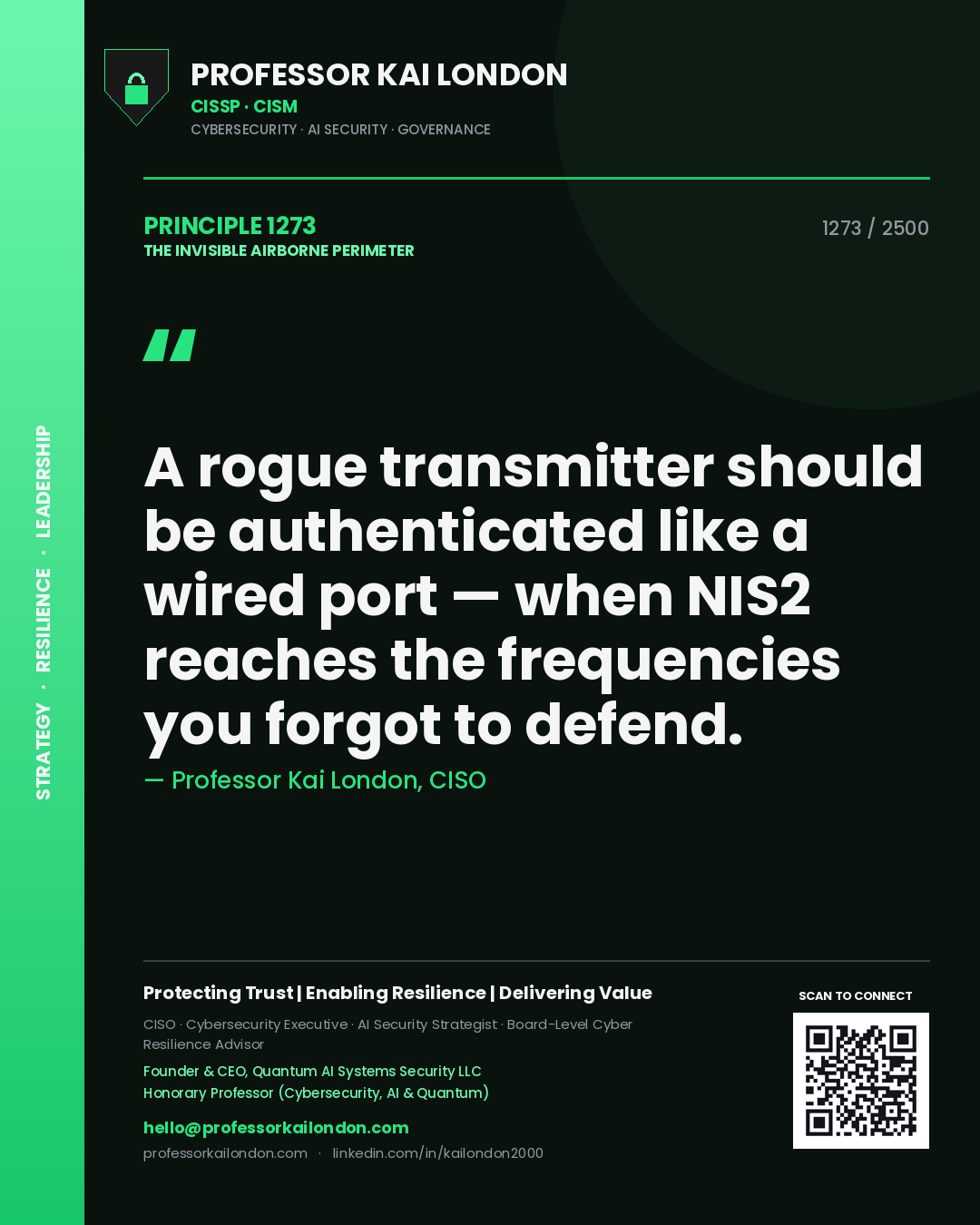 Professor Kai London principle 1273: A rogue transmitter should be authenticated like a wired port — when NIS2 reaches the frequencies you forgot to defend.
