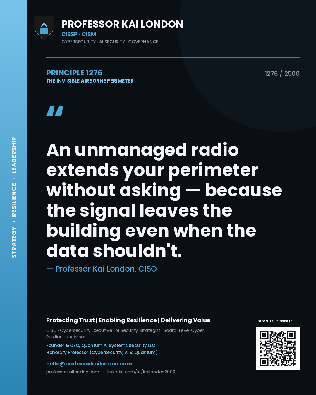 Quote card by Professor Kai London reading 'An unmanaged radio extends your perimeter without asking — because the signal leaves the building even when the data shouldn't.'. From the book The Invisible Airborne Perimeter.