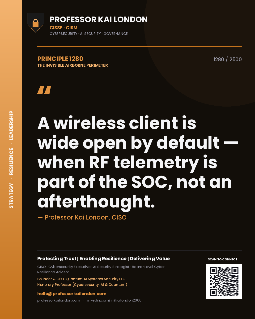 Quote card by Professor Kai London reading 'A wireless client is wide open by default — when RF telemetry is part of the SOC, not an afterthought.'. From the book The Invisible Airborne Perimeter.