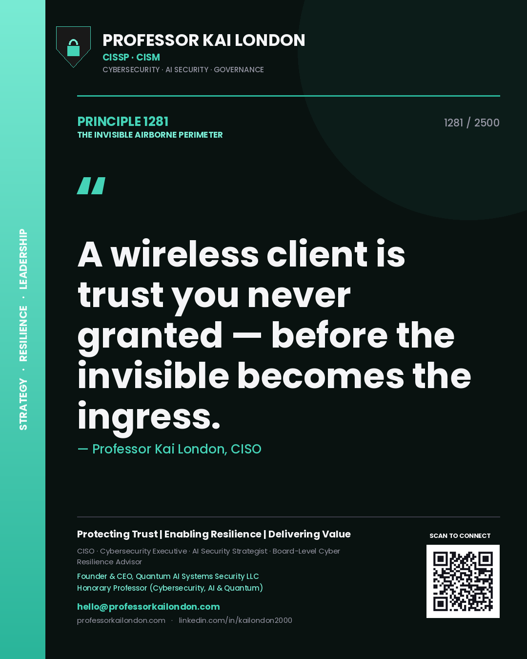 Quote card by Professor Kai London reading 'A wireless client is trust you never granted — before the invisible becomes the ingress.'. From the book The Invisible Airborne Perimeter.