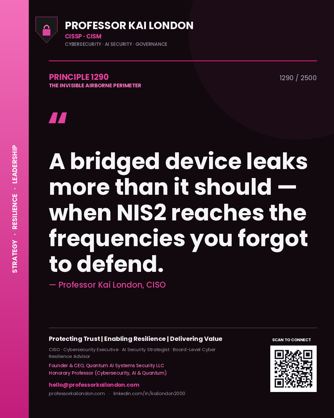 Professor Kai London principle 1290: A bridged device leaks more than it should — when NIS2 reaches the frequencies you forgot to defend.