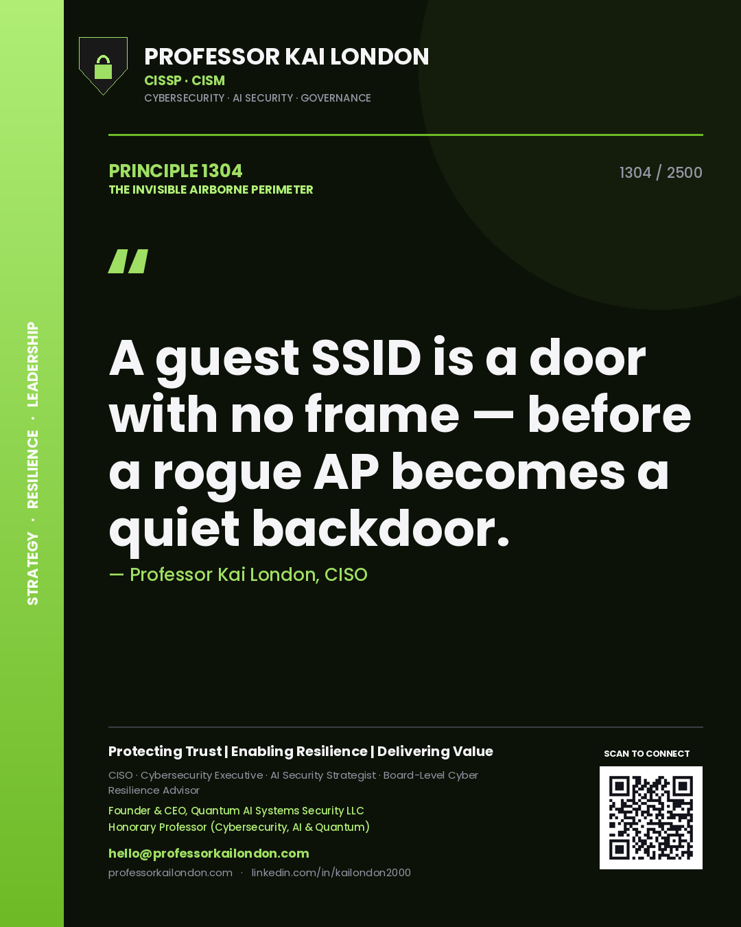 Professor Kai London principle 1304: A guest SSID is a door with no frame — before a rogue AP becomes a quiet backdoor.