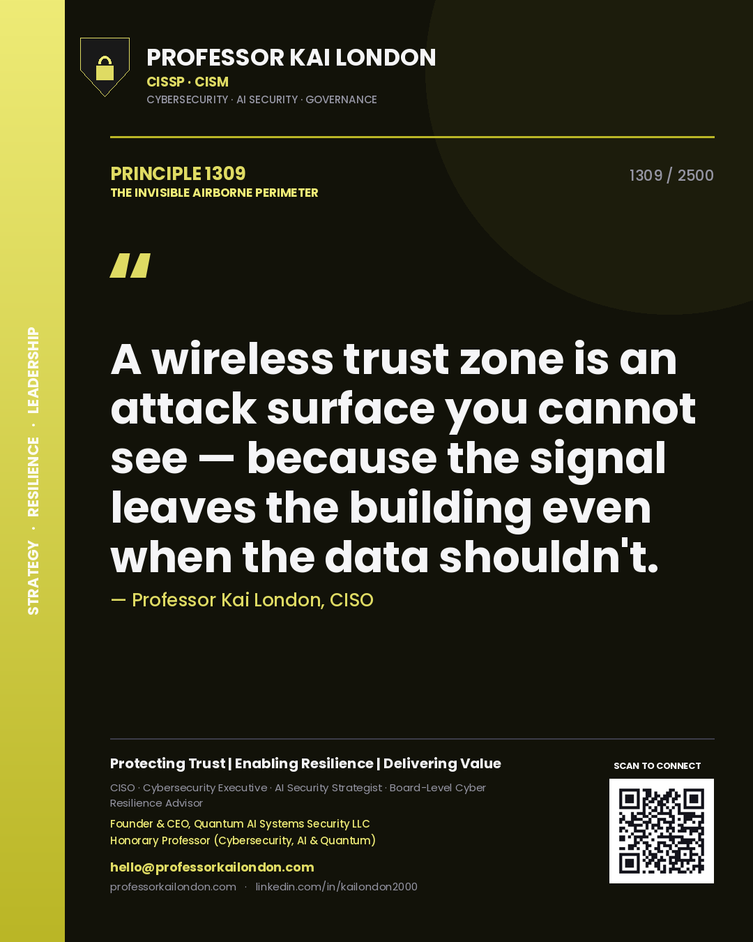Professor Kai London principle 1309: A wireless trust zone is an attack surface you cannot see — because the signal leaves the building even when the data shouldn't.