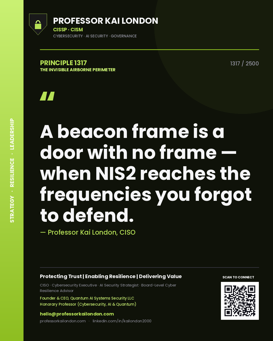 Professor Kai London principle 1317: A beacon frame is a door with no frame — when NIS2 reaches the frequencies you forgot to defend.