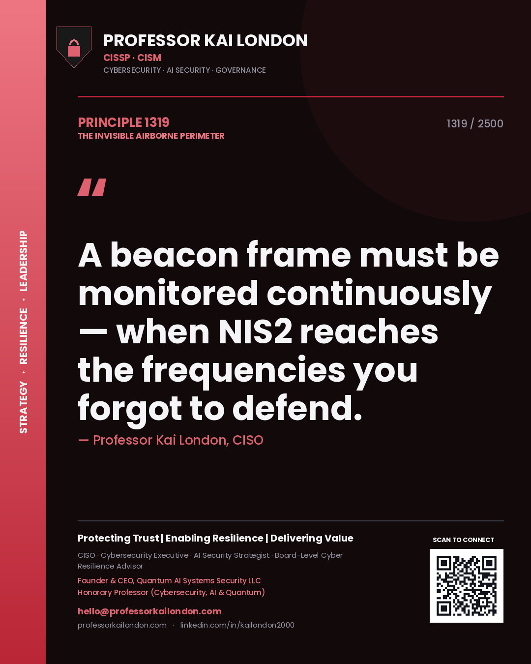 Quote card by Professor Kai London reading 'A beacon frame must be monitored continuously — when NIS2 reaches the frequencies you forgot to defend.'. From the book The Invisible Airborne Perimeter.