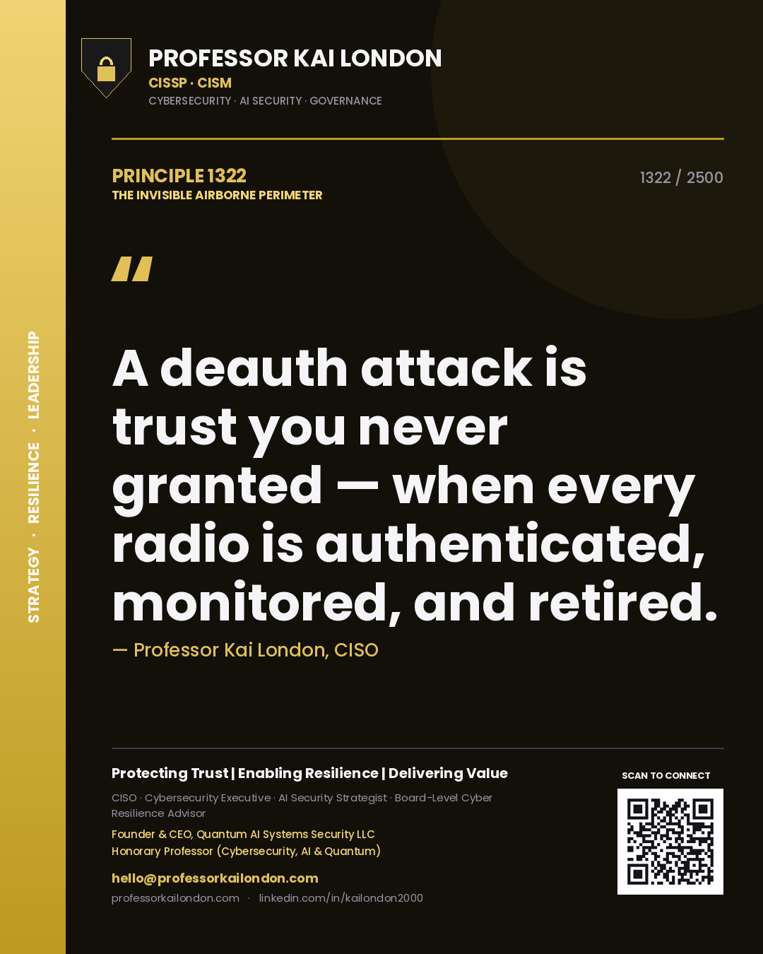 Quote card by Professor Kai London reading 'A deauth attack is trust you never granted — when every radio is authenticated, monitored, and retired.'. From the book The Invisible Airborne Perimeter.