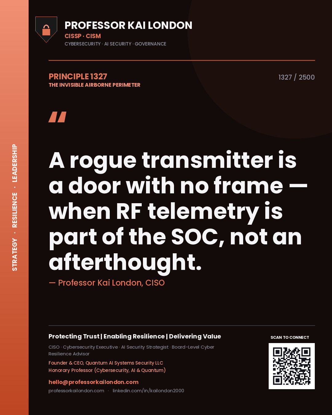 Quote card by Professor Kai London reading 'A rogue transmitter is a door with no frame — when RF telemetry is part of the SOC, not an afterthought.'. From the book The Invisible Airborne Perimeter.
