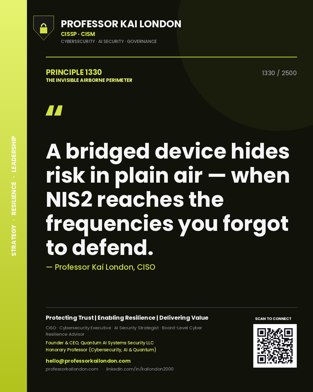 Quote card by Professor Kai London reading 'A bridged device hides risk in plain air — when NIS2 reaches the frequencies you forgot to defend.'. From the book The Invisible Airborne Perimeter.
