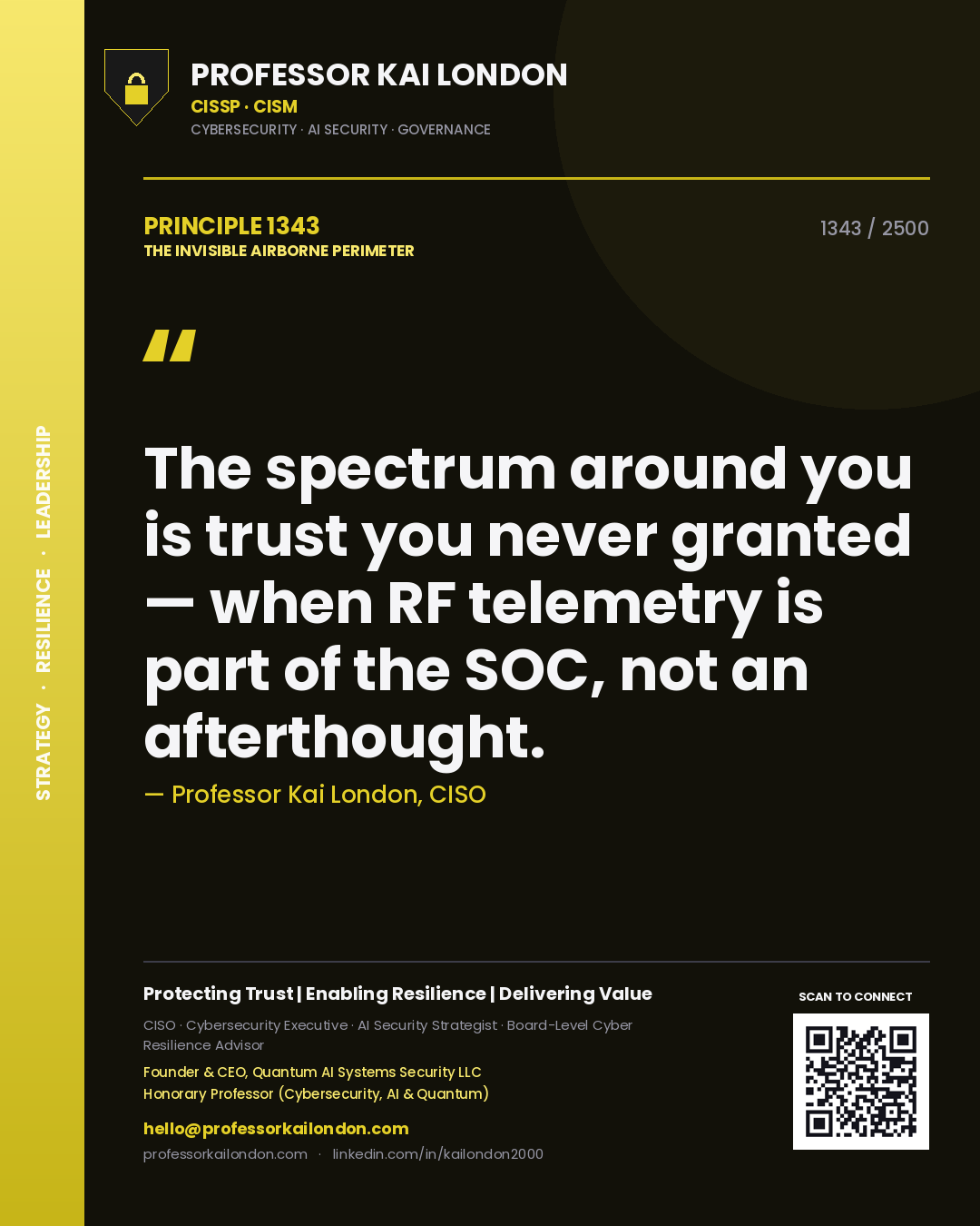 Quote card by Professor Kai London reading 'The spectrum around you is trust you never granted — when RF telemetry is part of the SOC, not an afterthought.'. From the book The Invisible Airborne Perimeter.