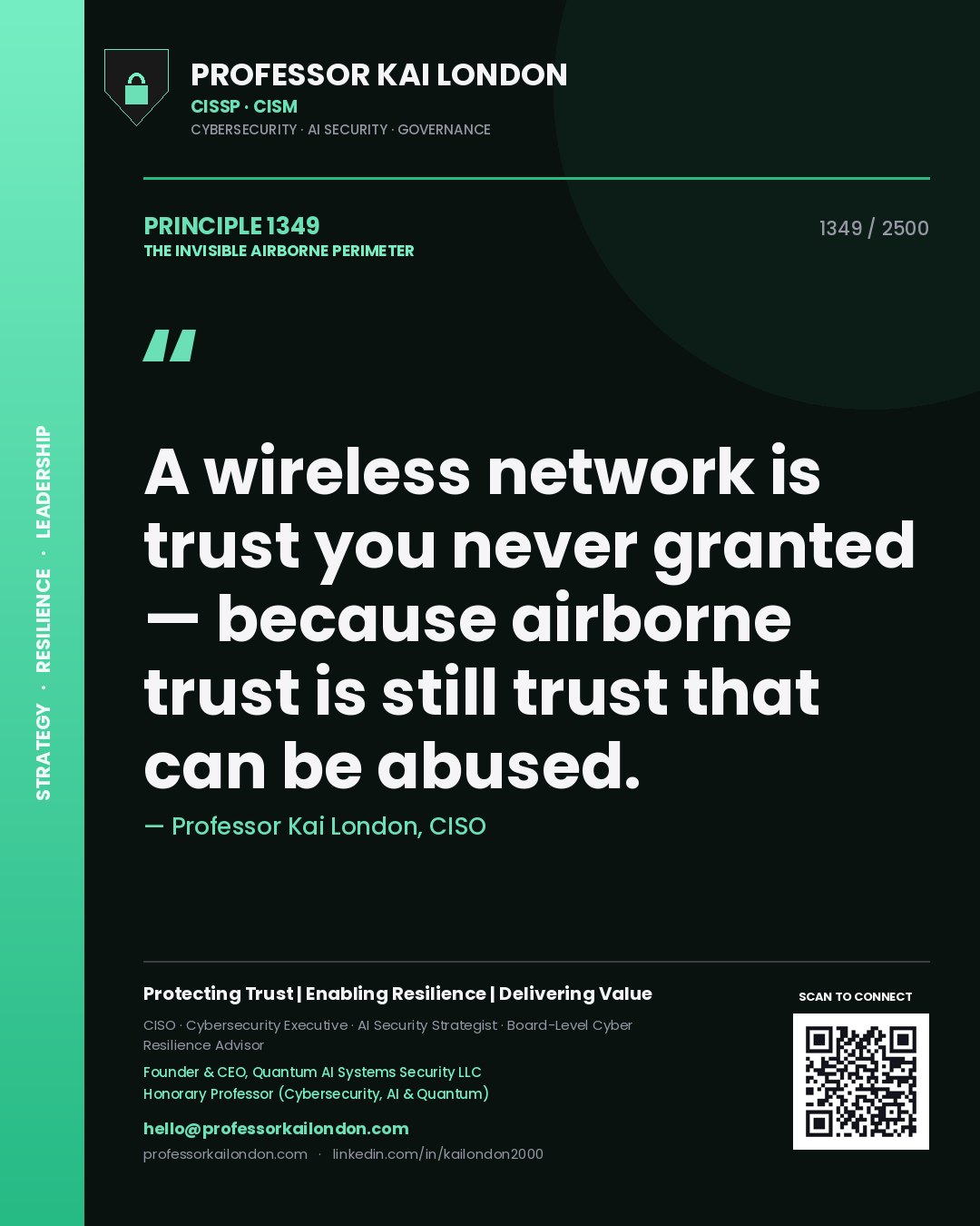 Quote card by Professor Kai London reading 'A wireless network is trust you never granted — because airborne trust is still trust that can be abused.'. From the book The Invisible Airborne Perimeter.
