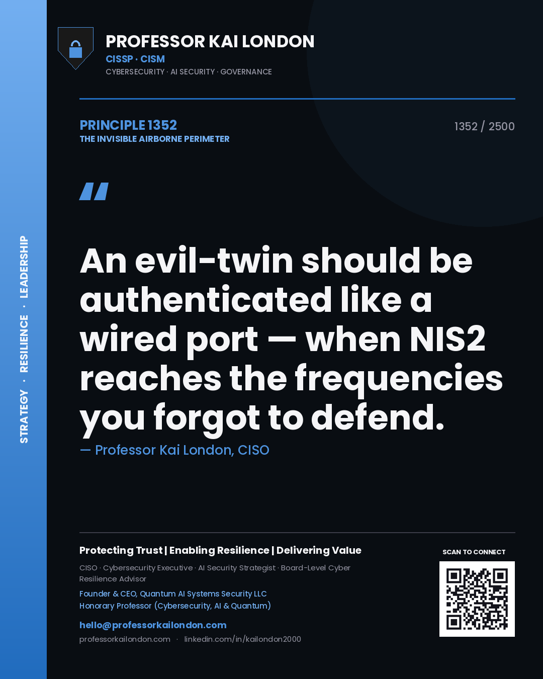 Quote card by Professor Kai London reading 'An evil-twin should be authenticated like a wired port — when NIS2 reaches the frequencies you forgot to defend.'. From the book The Invisible Airborne Perimeter.