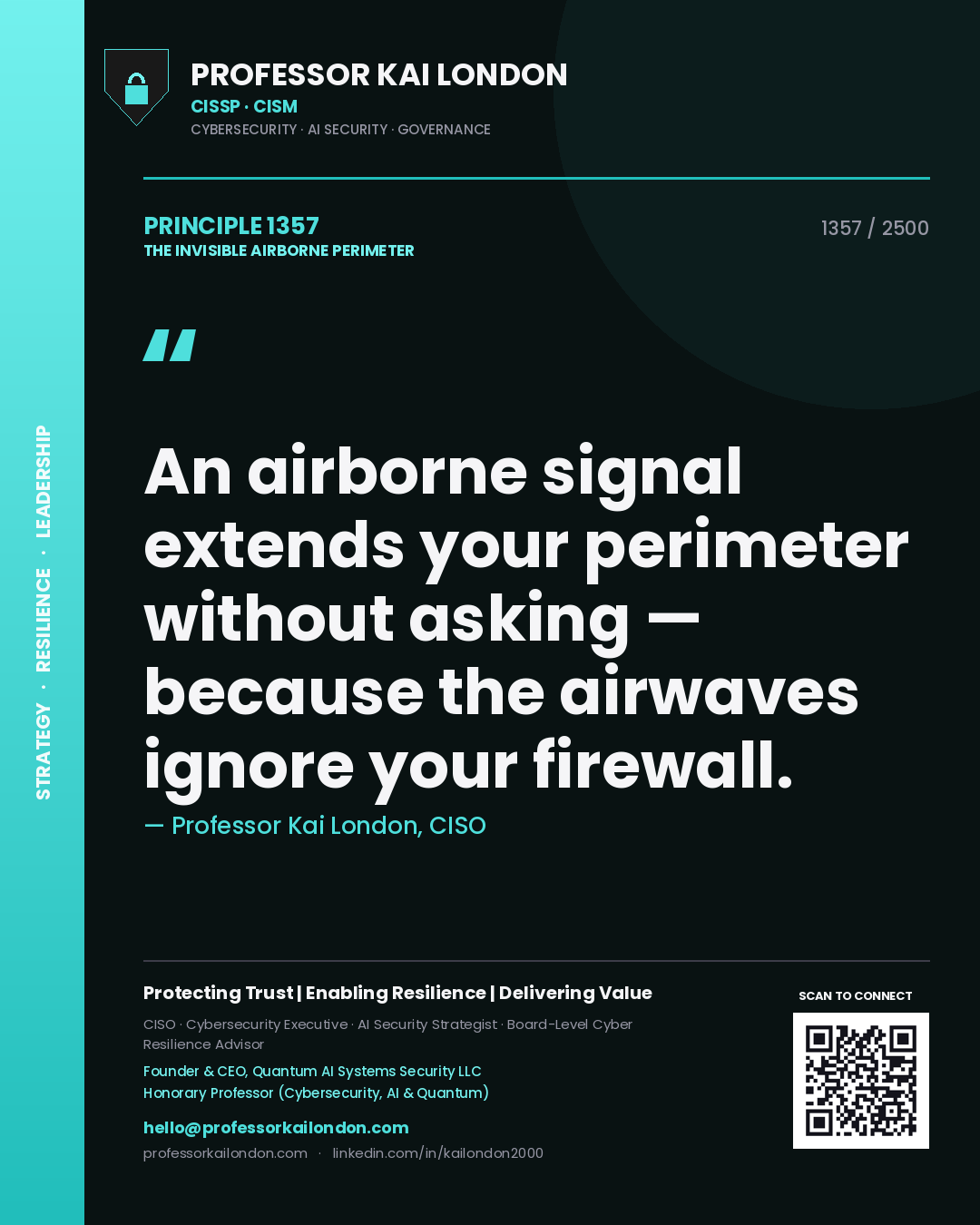 Quote card by Professor Kai London reading 'An airborne signal extends your perimeter without asking — because the airwaves ignore your firewall.'. From the book The Invisible Airborne Perimeter.