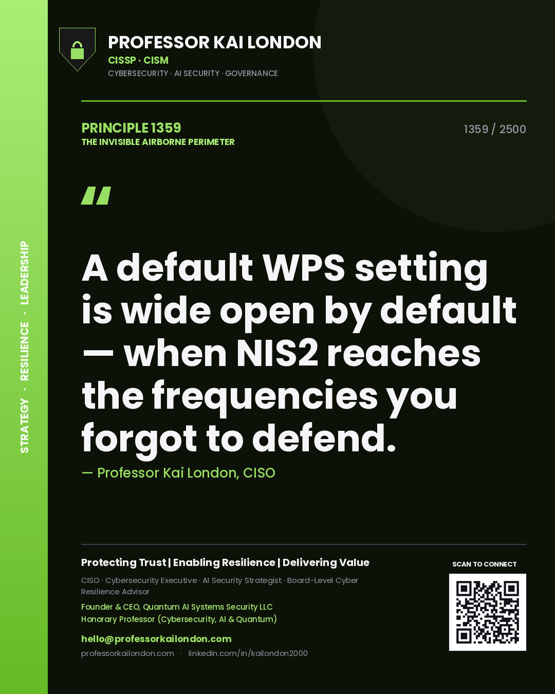 Quote card by Professor Kai London reading 'A default WPS setting is wide open by default — when NIS2 reaches the frequencies you forgot to defend.'. From the book The Invisible Airborne Perimeter.