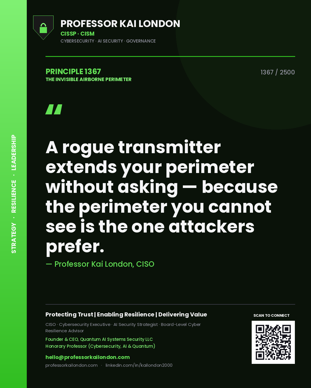 Quote card by Professor Kai London reading 'A rogue transmitter extends your perimeter without asking — because the perimeter you cannot see is the one attackers prefer.'. From the book The Invisible Airborne Perimeter.