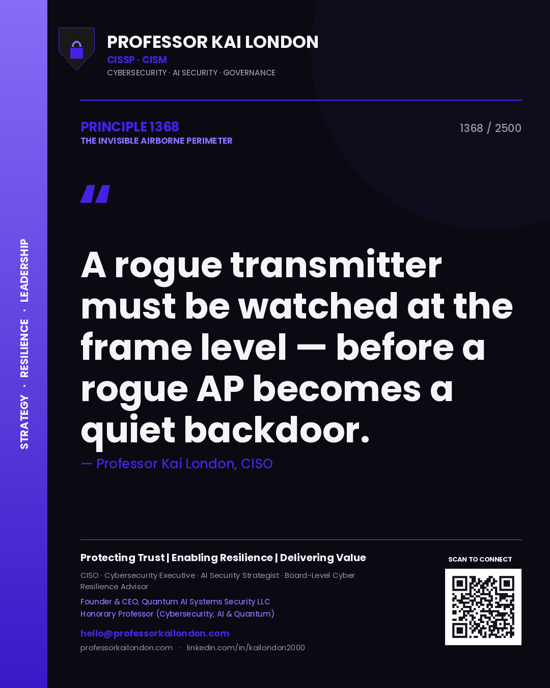 Quote card by Professor Kai London reading 'A rogue transmitter must be watched at the frame level — before a rogue AP becomes a quiet backdoor.'. From the book The Invisible Airborne Perimeter.