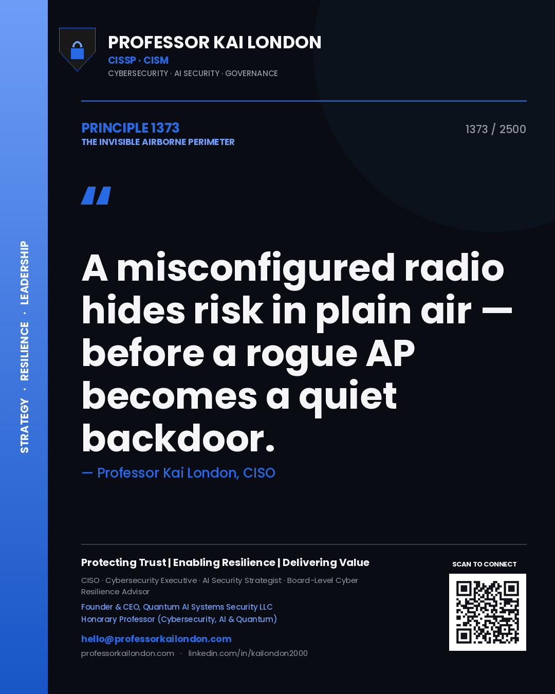 Quote card by Professor Kai London reading 'A misconfigured radio hides risk in plain air — before a rogue AP becomes a quiet backdoor.'. From the book The Invisible Airborne Perimeter.