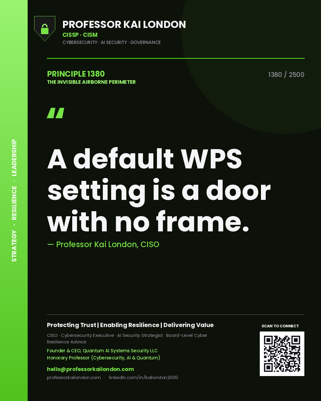 Quote card by Professor Kai London reading 'A default WPS setting is a door with no frame.'. From the book The Invisible Airborne Perimeter.
