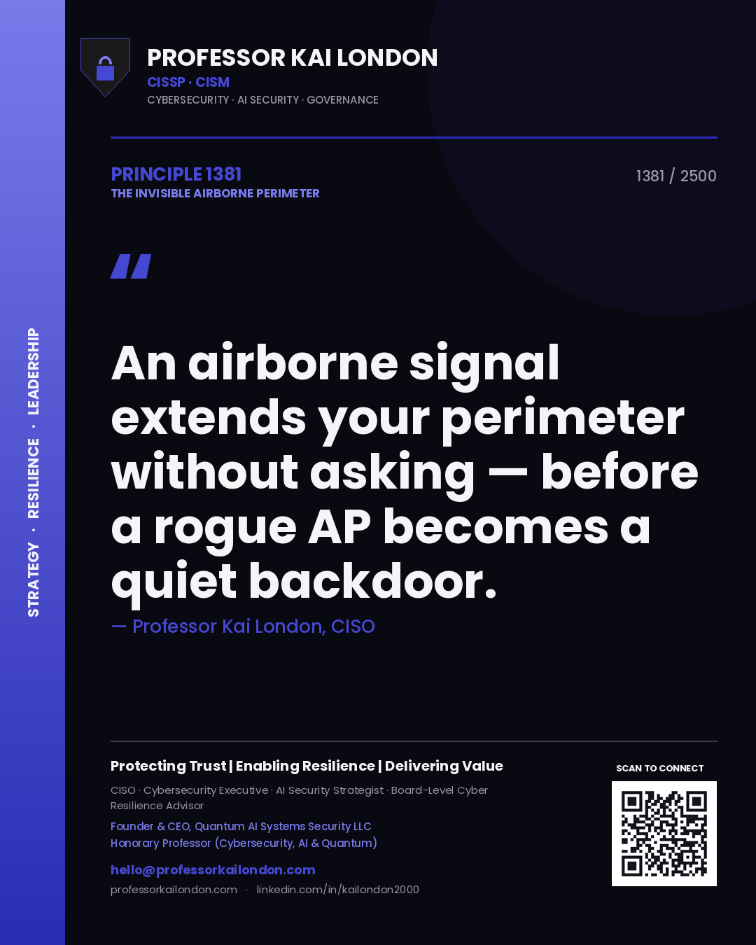 Quote card by Professor Kai London reading 'An airborne signal extends your perimeter without asking — before a rogue AP becomes a quiet backdoor.'. From the book The Invisible Airborne Perimeter.