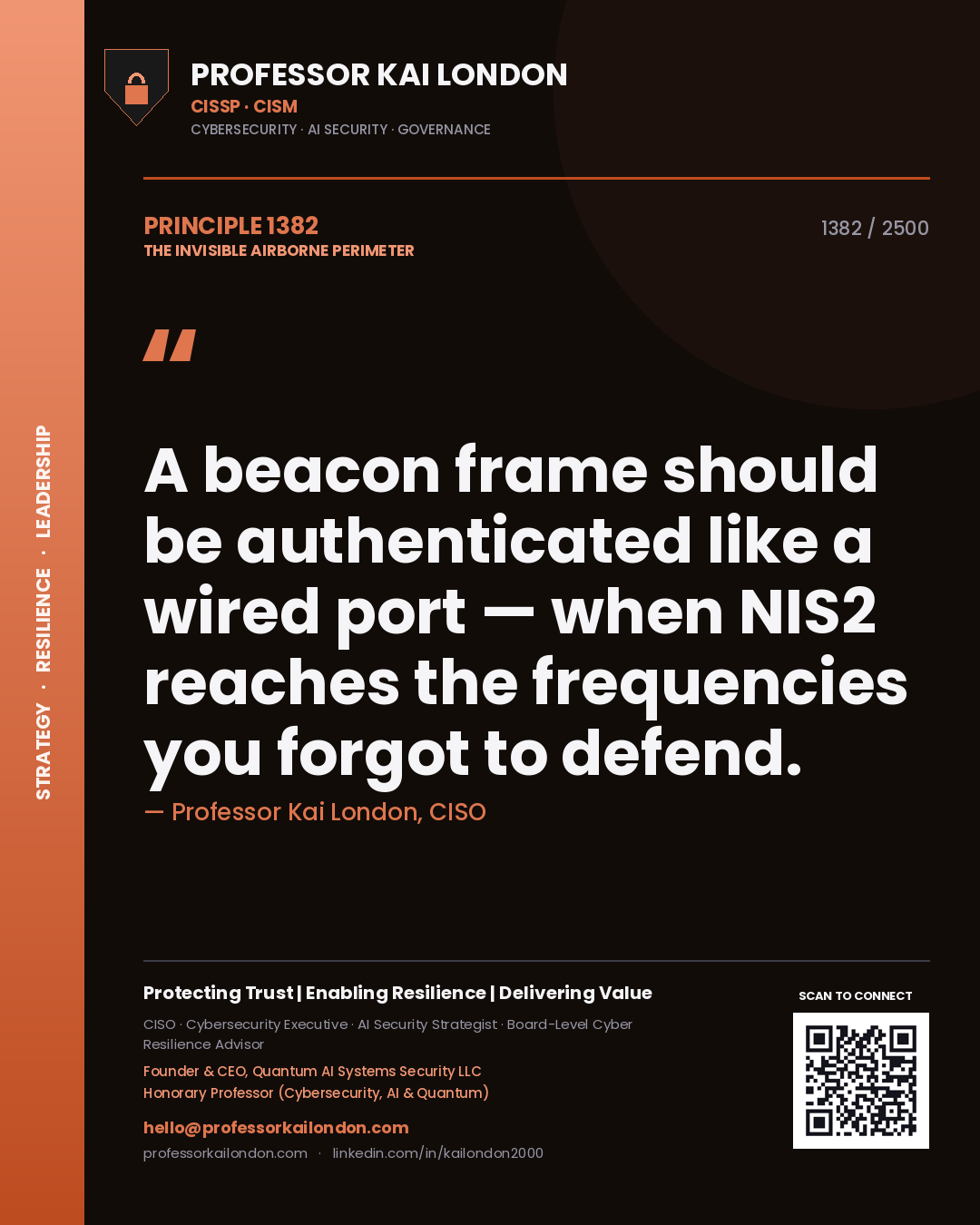 Quote card by Professor Kai London reading 'A beacon frame should be authenticated like a wired port — when NIS2 reaches the frequencies you forgot to defend.'. From the book The Invisible Airborne Perimeter.