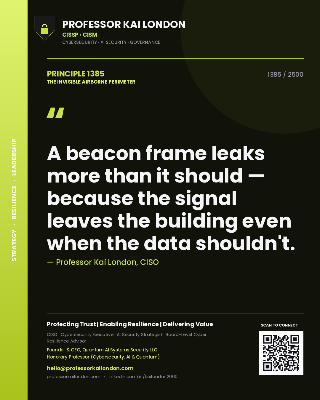 Quote card by Professor Kai London reading 'A beacon frame leaks more than it should — because the signal leaves the building even when the data shouldn't.'. From the book The Invisible Airborne Perimeter.
