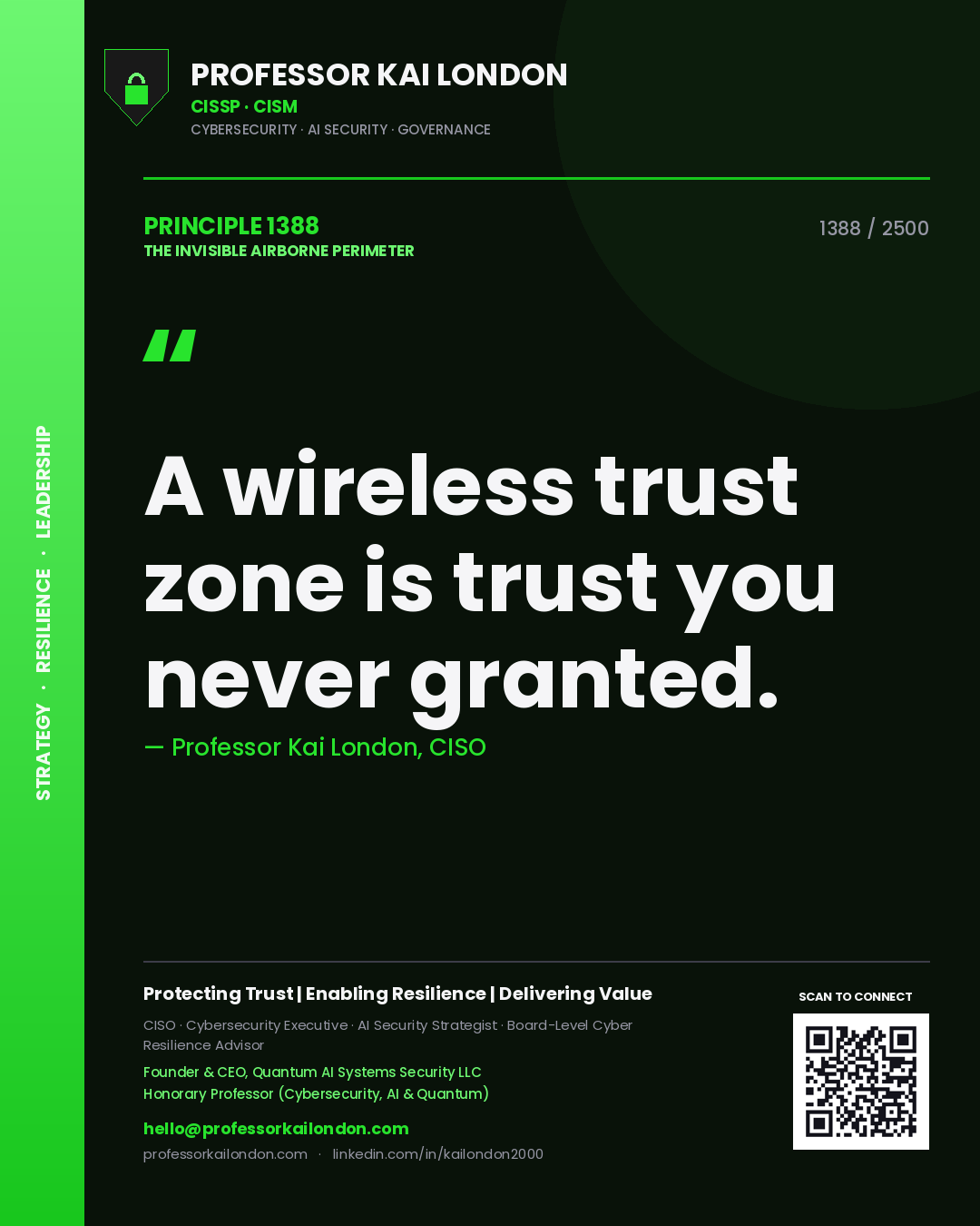 Quote card by Professor Kai London reading 'A wireless trust zone is trust you never granted.'. From the book The Invisible Airborne Perimeter.