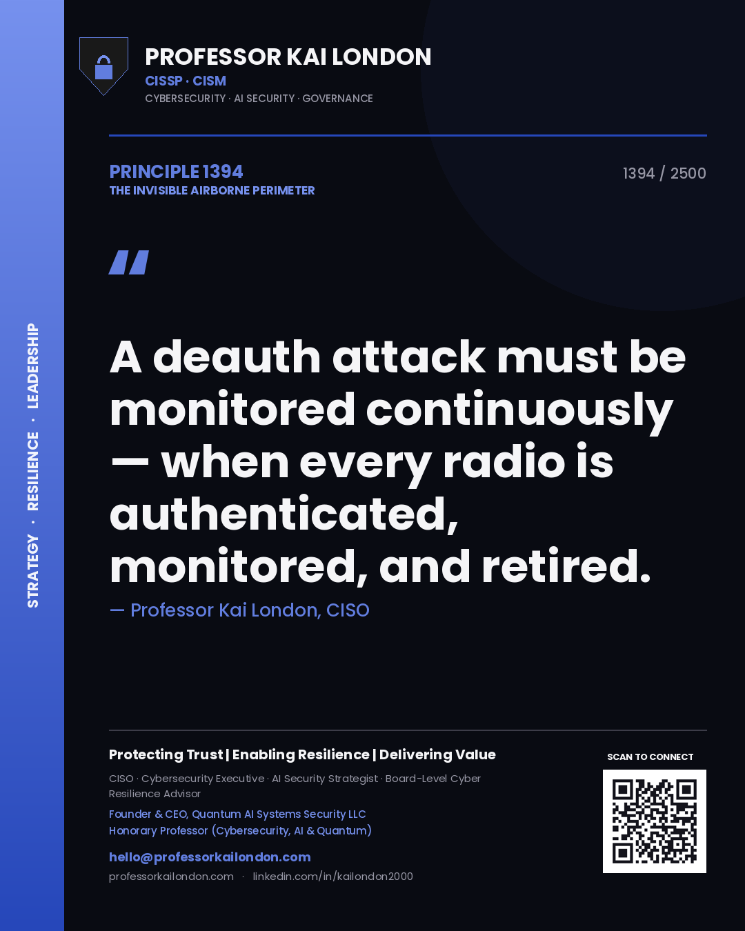 Quote card by Professor Kai London reading 'A deauth attack must be monitored continuously — when every radio is authenticated, monitored, and retired.'. From the book The Invisible Airborne Perimeter.