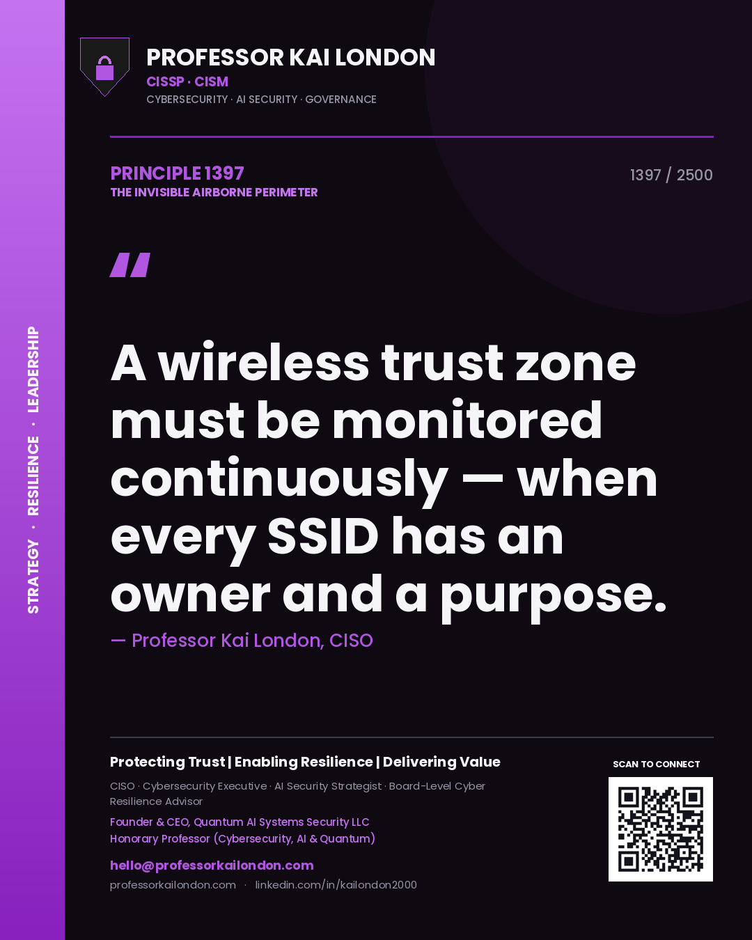 Quote card by Professor Kai London reading 'A wireless trust zone must be monitored continuously — when every SSID has an owner and a purpose.'. From the book The Invisible Airborne Perimeter.