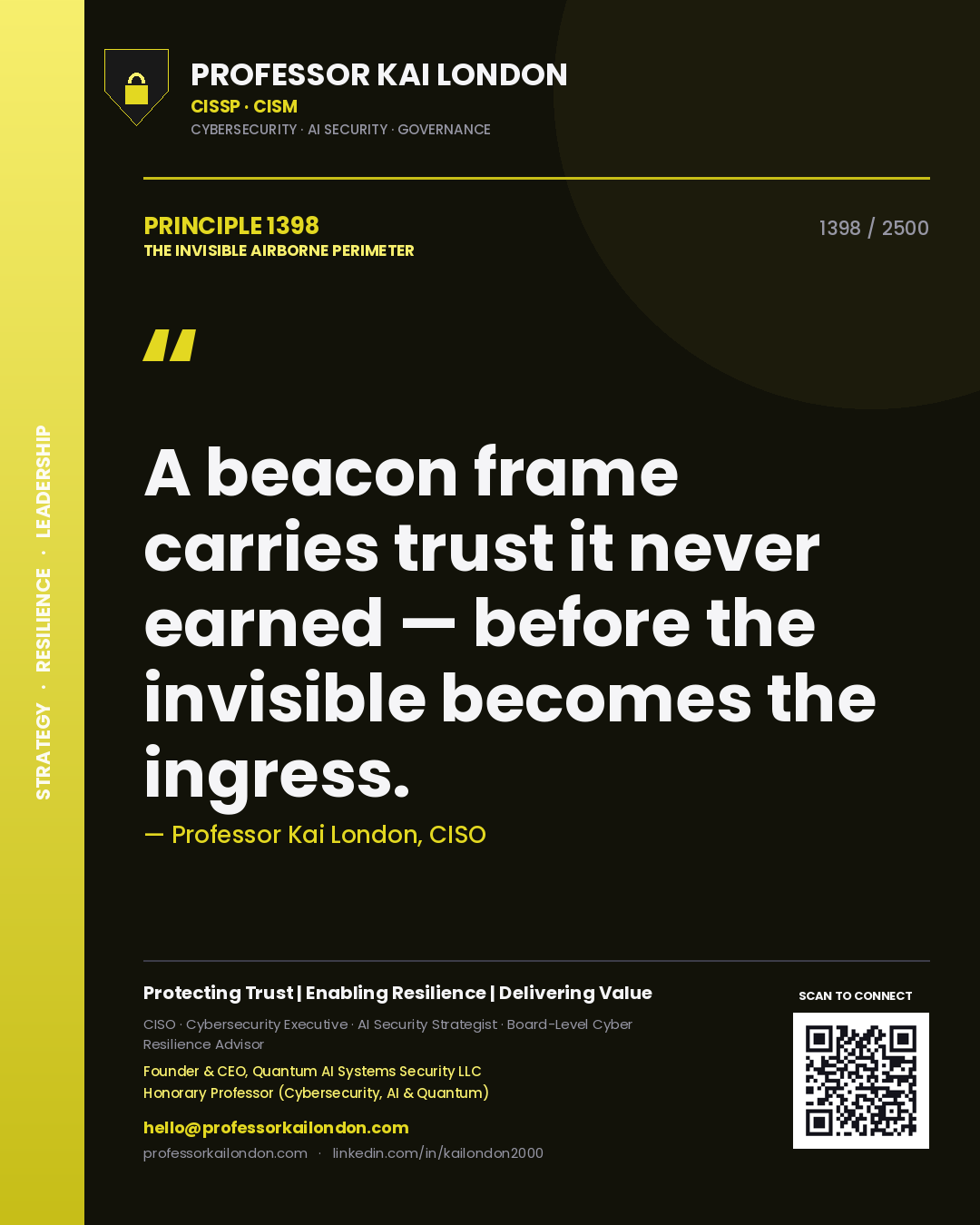 Quote card by Professor Kai London reading 'A beacon frame carries trust it never earned — before the invisible becomes the ingress.'. From the book The Invisible Airborne Perimeter.