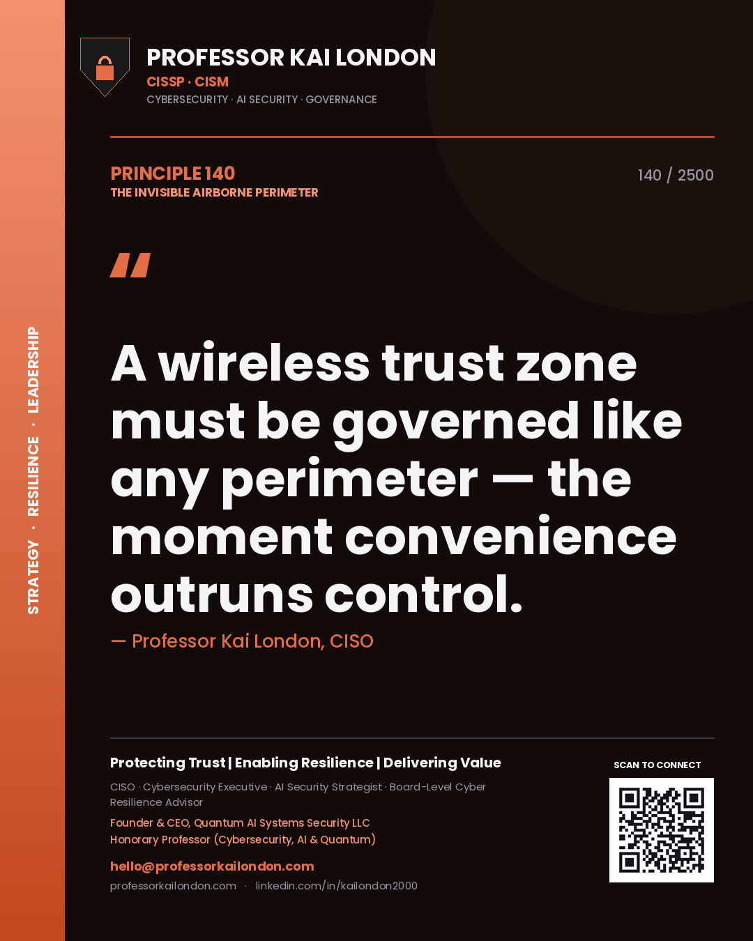 Quote card by Professor Kai London reading 'A wireless trust zone must be governed like any perimeter — the moment convenience outruns control.'. From the book The Invisible Airborne Perimeter.