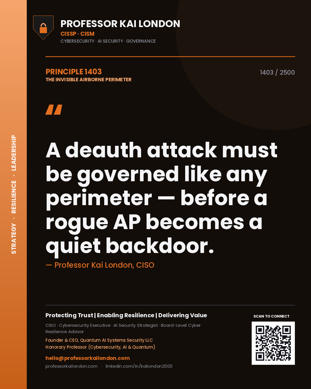 Quote card by Professor Kai London reading 'A deauth attack must be governed like any perimeter — before a rogue AP becomes a quiet backdoor.'. From the book The Invisible Airborne Perimeter.