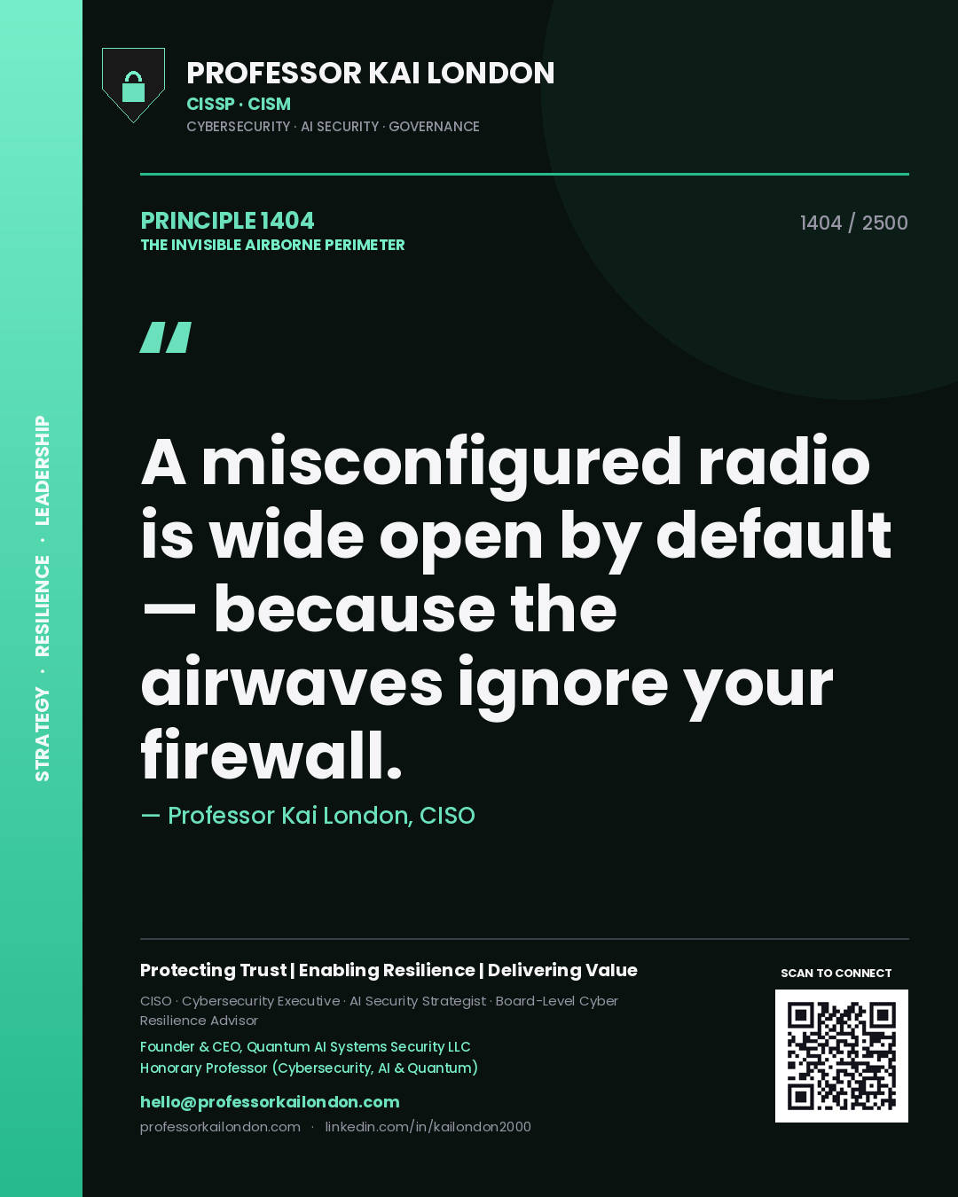 Quote card by Professor Kai London reading 'A misconfigured radio is wide open by default — because the airwaves ignore your firewall.'. From the book The Invisible Airborne Perimeter.