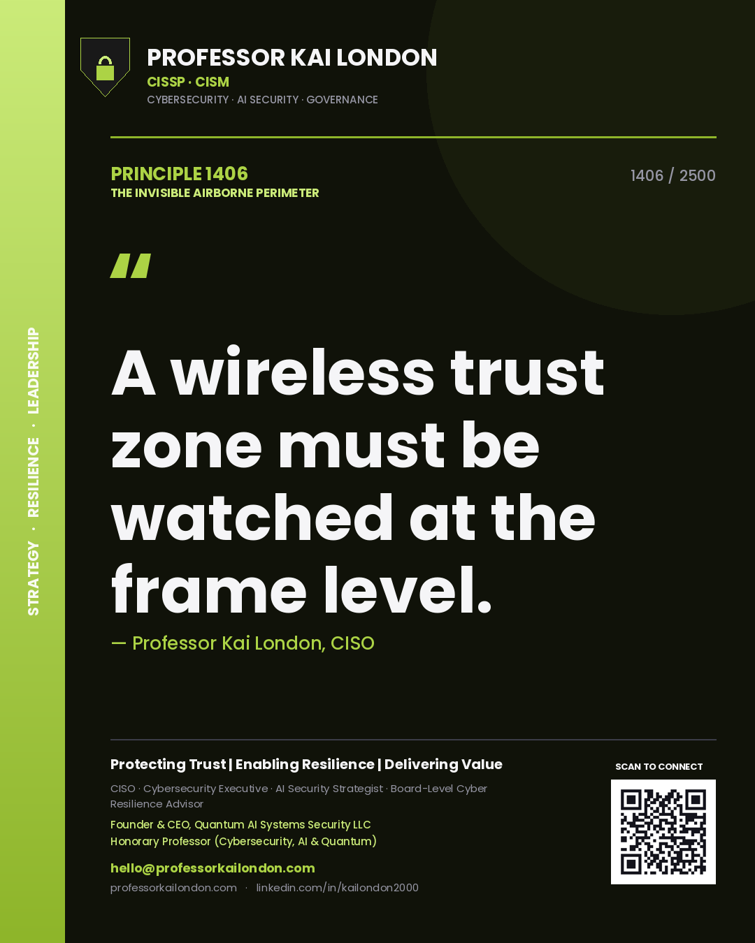Quote card by Professor Kai London reading 'A wireless trust zone must be watched at the frame level.'. From the book The Invisible Airborne Perimeter.
