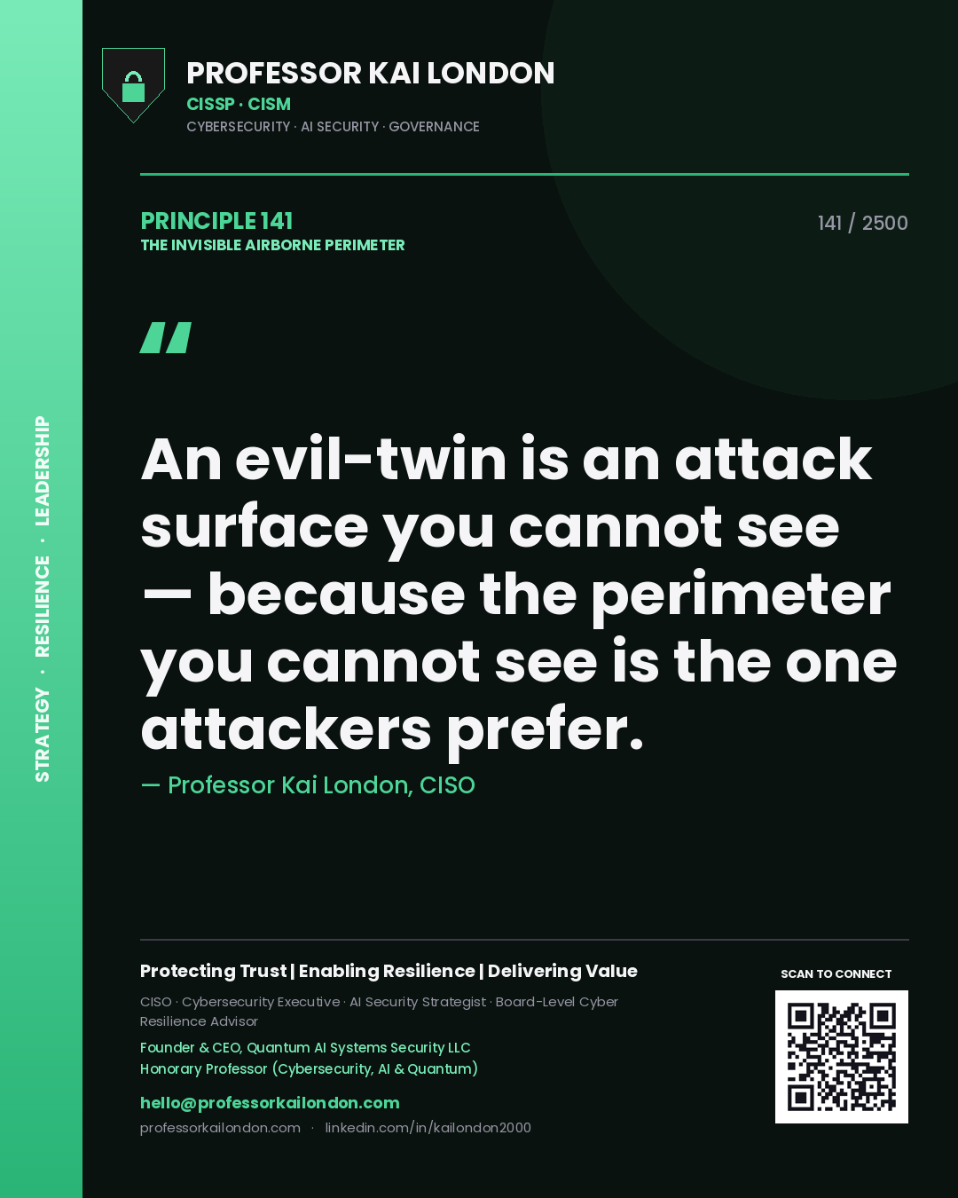 Quote card by Professor Kai London reading 'An evil-twin is an attack surface you cannot see — because the perimeter you cannot see is the one attackers prefer.'. From the book The Invisible Airborne Perimeter.
