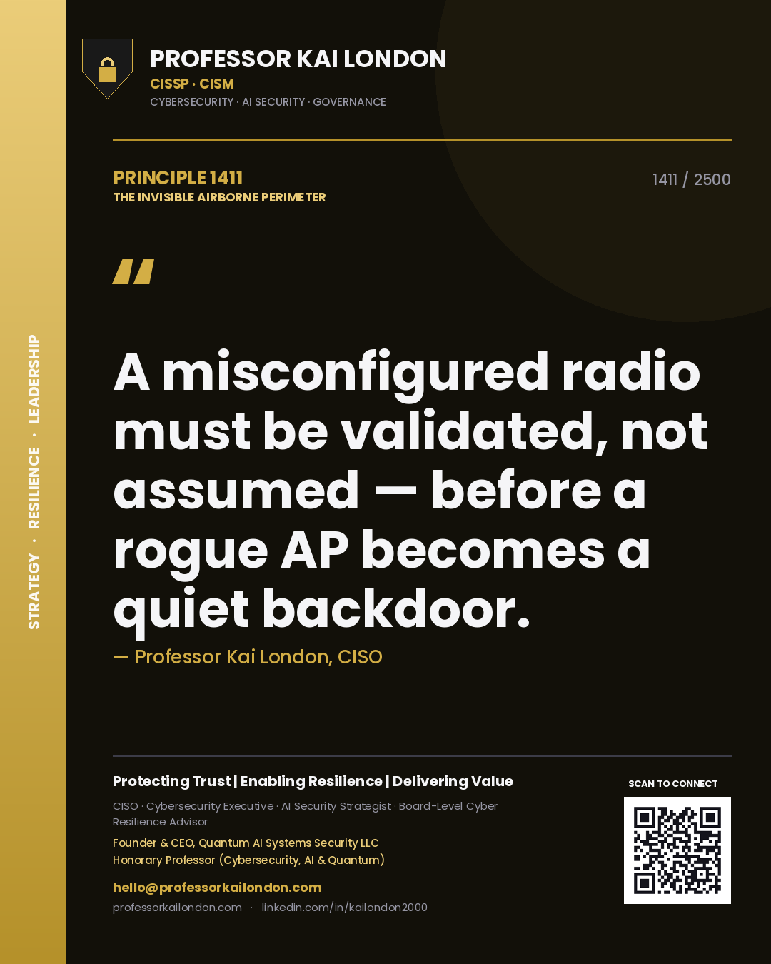 Quote card by Professor Kai London reading 'A misconfigured radio must be validated, not assumed — before a rogue AP becomes a quiet backdoor.'. From the book The Invisible Airborne Perimeter.