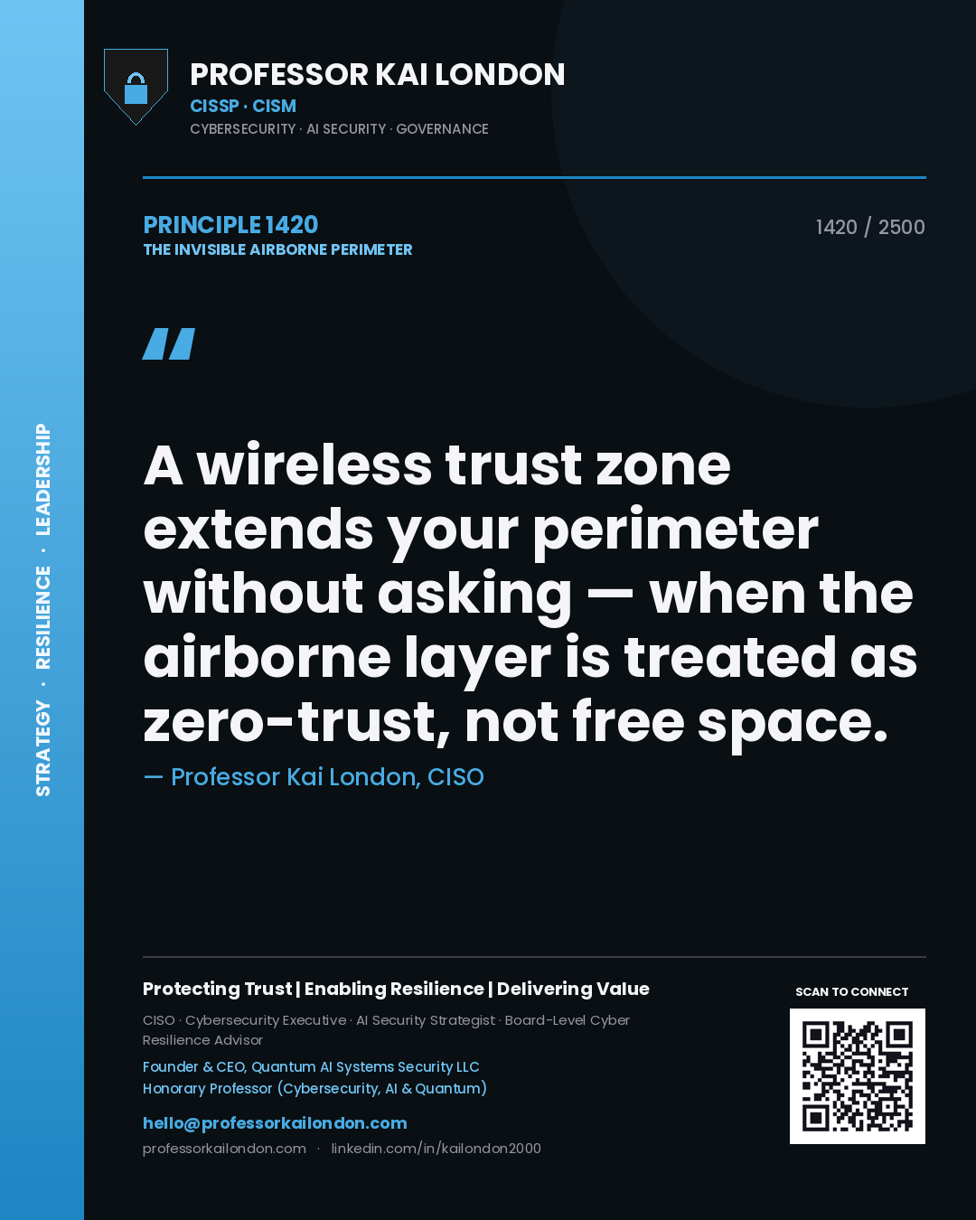 Professor Kai London principle 1420: A wireless trust zone extends your perimeter without asking — when the airborne layer is treated as zero-trust, not free space.
