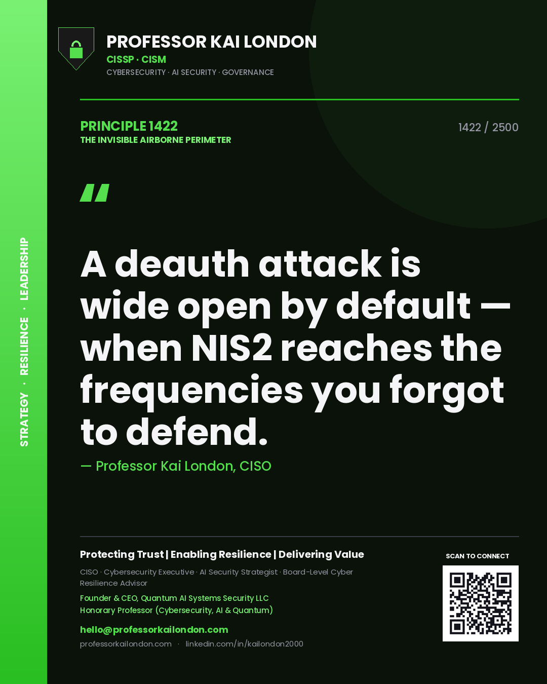 Quote card by Professor Kai London reading 'A deauth attack is wide open by default — when NIS2 reaches the frequencies you forgot to defend.'. From the book The Invisible Airborne Perimeter.