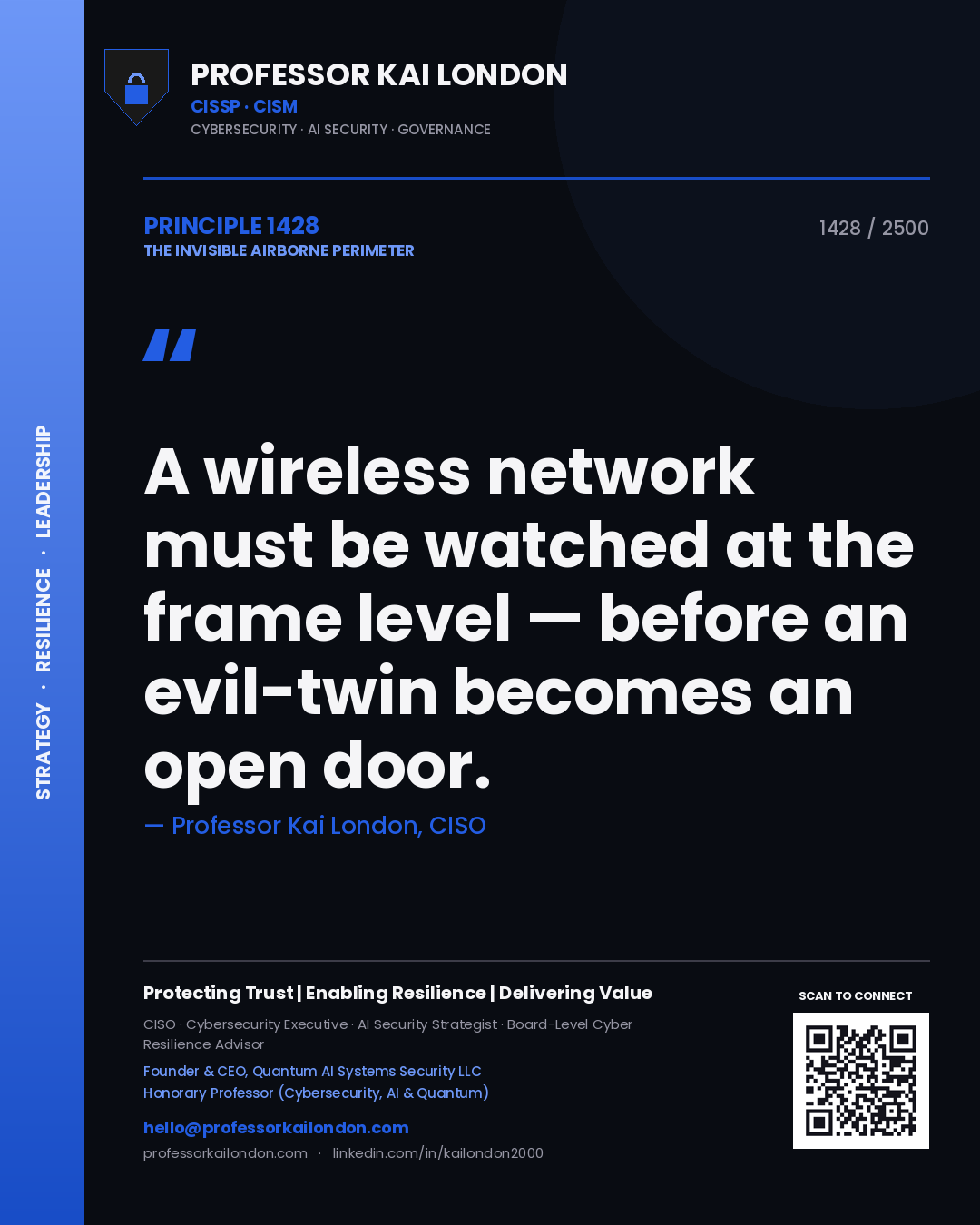 Quote card by Professor Kai London reading 'A wireless network must be watched at the frame level — before an evil-twin becomes an open door.'. From the book The Invisible Airborne Perimeter.