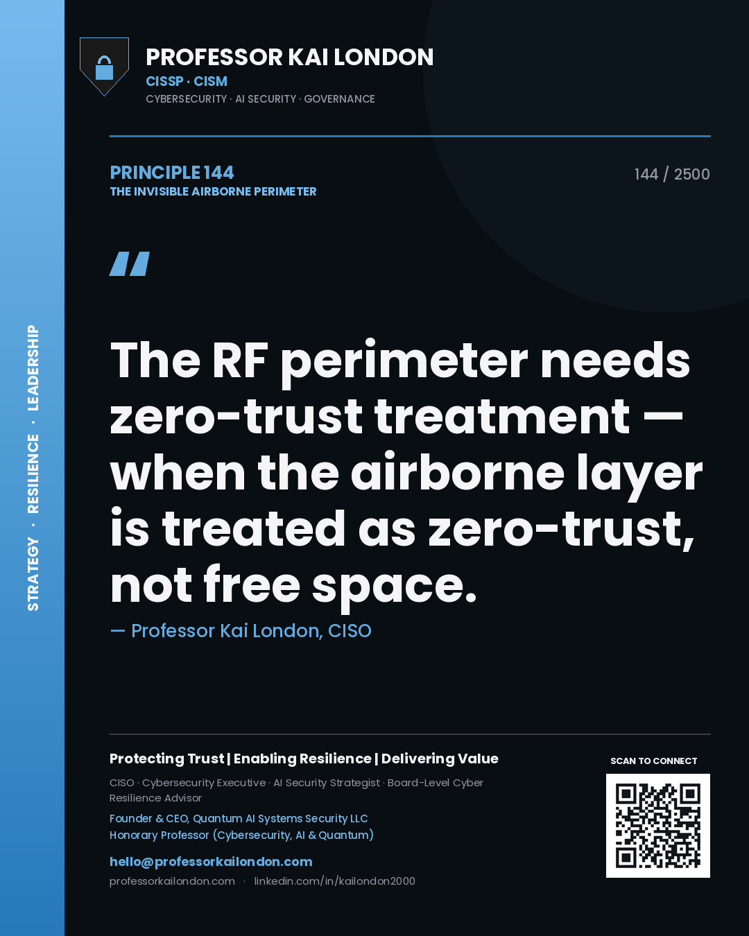 Professor Kai London principle 144: The RF perimeter needs zero-trust treatment — when the airborne layer is treated as zero-trust, not free space.