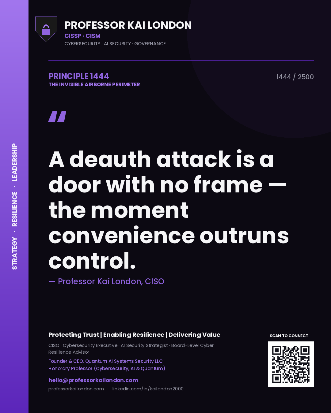 Quote card by Professor Kai London reading 'A deauth attack is a door with no frame — the moment convenience outruns control.'. From the book The Invisible Airborne Perimeter.