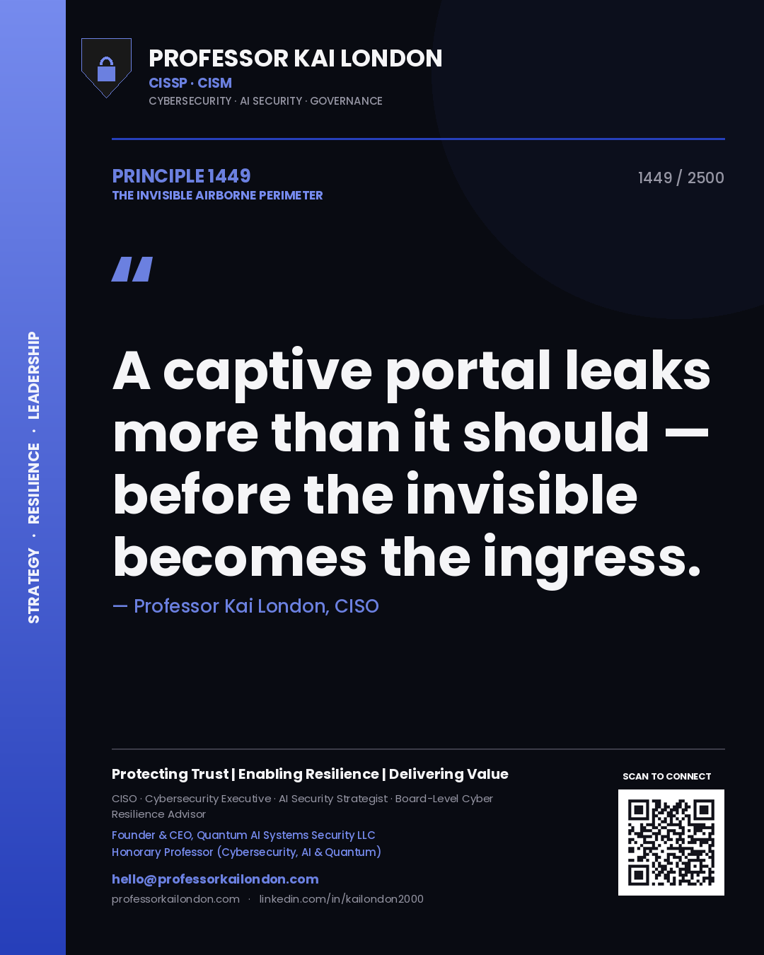 Quote card by Professor Kai London reading 'A captive portal leaks more than it should — before the invisible becomes the ingress.'. From the book The Invisible Airborne Perimeter.