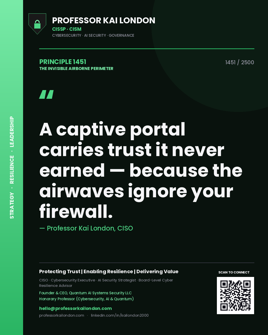 Quote card by Professor Kai London reading 'A captive portal carries trust it never earned — because the airwaves ignore your firewall.'. From the book The Invisible Airborne Perimeter.