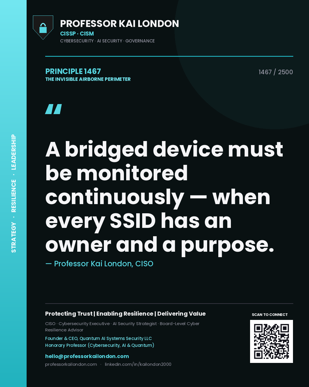 Professor Kai London principle 1467: A bridged device must be monitored continuously — when every SSID has an owner and a purpose.
