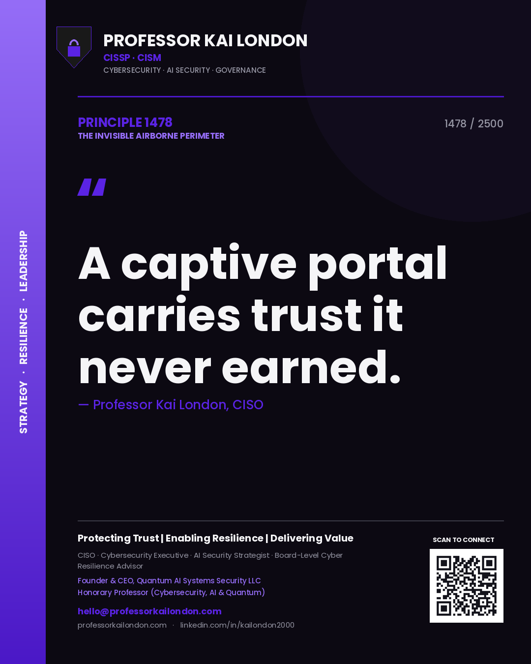 Quote card by Professor Kai London reading 'A captive portal carries trust it never earned.'. From the book The Invisible Airborne Perimeter.