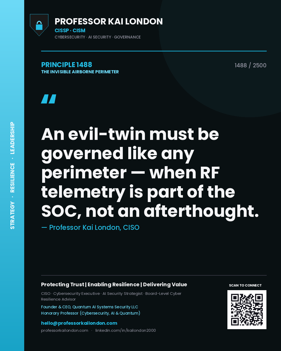 Quote card by Professor Kai London reading 'An evil-twin must be governed like any perimeter — when RF telemetry is part of the SOC, not an afterthought.'. From the book The Invisible Airborne Perimeter.
